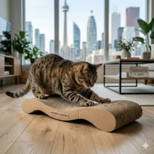 An indoor cat using a horizontal wave-shaped cardboard scratcher on a hardwood floor, illustrating horizontal scratching preference.