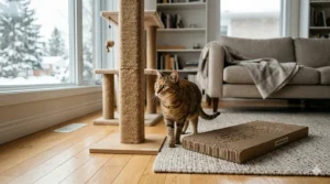 A domestic cat in a modern Canadian living room choosing between a tall sisal post and a flat cardboard floor scratcher.