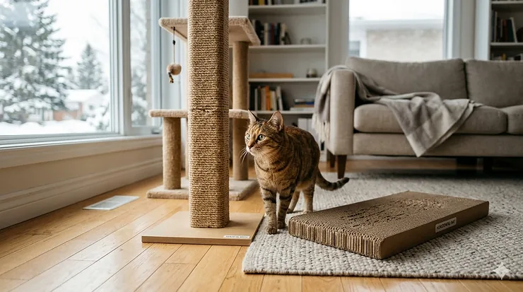 A domestic cat in a modern Canadian living room choosing between a tall sisal post and a flat cardboard floor scratcher. horizontal vs vertical scratching preference