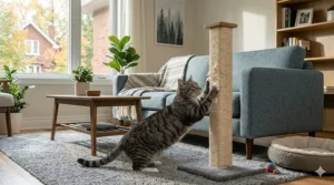Illustration of a cat using a tall sisal scratching post instead of a fabric sofa to stop cat scratching furniture.