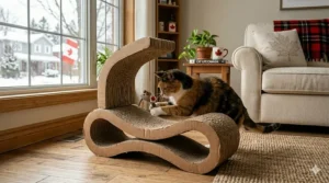 A cat staying active indoors during a Canadian winter by playing on a multi-level cardboard scratcher lounge.