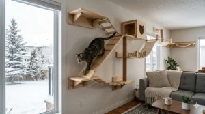 Illustration of an active cat using a wall walkway to stay fit during a cold Canadian winter.