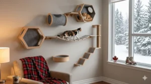 A cozy indoor modular cat wall system installed in a warm Canadian living room. Visible outside the large window is a snowy coniferous forest. A calico cat walks on a bridge while an orange tabby rests in a hexagonal perch, illustrating enrichment during winter months.