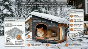 A cutaway view of an insulated outdoor cat shelter showing high-density foam and heat retention layers for winter.