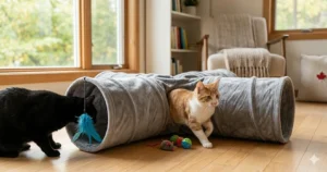 A colorful illustration of two cats playing hide-and-seek in a multi-way collapsible cat tunnel with dangling feather toys.
