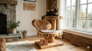 Luxury natural wood cat tree designed by a Quebec brand featuring plush velvet pads in a chic Montreal-style apartment.