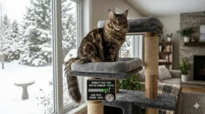A large Maine Coon cat sitting on a reinforced cat tree platform with a bilingual English and French stability pass gauge.