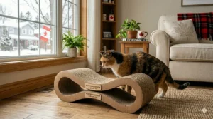 Minimalist cardboard cat scratcher (griffoir pour chat en carton) designed to fit sleek Toronto or Montreal apartment aesthetics.