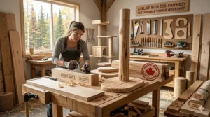 Minimalist pale maple wood cat tower in a modern Vancouver condo with views of the North Shore mountains.