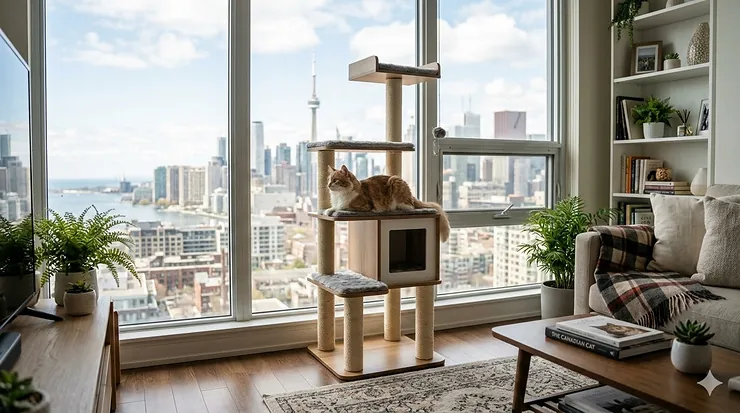 A sleek, modern cat tree apartment size in a bright Toronto condo with a view of the skyline.