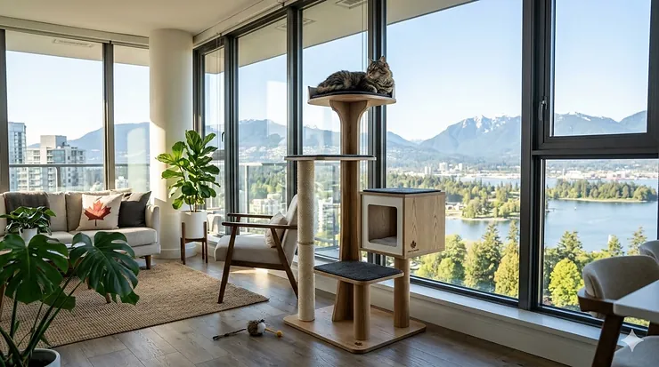 A sleek, modern cat tree furniture piece in a minimalist Canadian living room with a view of a snowy pine forest.