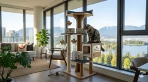 Illustration of modern cat tree furniture with "Eco-friendly" and "Écoresponsable" labels for Canadian shoppers.