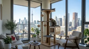 A compact, modern cat tree furniture design perfect for small Toronto condo balconies or living spaces.