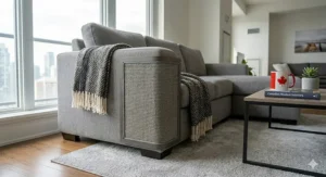 A photorealistic 4K photograph capturing a grey sisal corner cat scratcher furniture saver integrated seamlessly onto a modern grey sectional sofa in a sunlit Toronto condo living room.