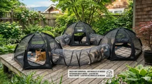 An illustration of multiple collapsible cat outdoor cat tunnel enclosures connected to create a larger backyard play area.