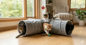 An illustration of three different cat breeds interacting with a large, T-shaped collapsible cat tunnel.