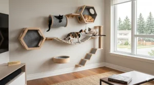 A multi-level modular cat wall system in a Canadian home where two cats interact on a winding suspension bridge with soft canvas walkways and rope railings. A small plaque integrated with the furniture reads 'SYSTÈME MODULAIRE DE MUR DE CHAT - FAIT AU CANADA.'
