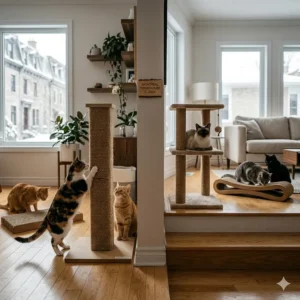 Various cats in a Montreal townhouse using both horizontal and vertical stations to minimize territorial anxiety.
