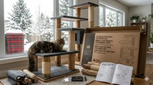 A multi-level cat gym for large cats next to its shipping box with bilingual product titles and an assembly guide.
