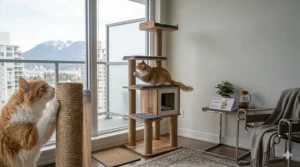 Compact multi-level cat tree apartment size featuring sisal scratching posts and a cozy perch.