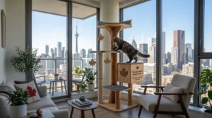 A stylish multi-level modern cat tree furniture unit with grey felt padding and a built-in scratching post.