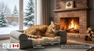 Cross-section diagram of high-density memory foam showing orthopedic support for an overweight cat's joint pressure points.
