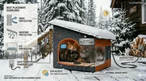 An infographic guide showing the best placement for an outdoor heated cat bed to ensure wind protection and ice prevention.