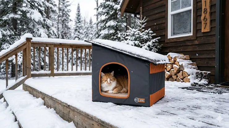 A cozy outdoor heated cat bed on a snowy wooden porch in Canada with a tabby cat resting comfortably inside during winter. outdoor heated cat bed winter