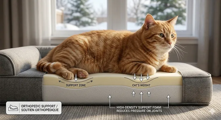 A large ginger tabby cat resting comfortably on a premium orthopedic bed in a sunlit Canadian home with a snowy window view.