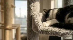 A soft, plush carpeted cat tree perch providing warmth for indoor cats during Canadian winters.