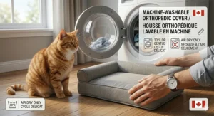 Heat-map style illustration showing uniform weight distribution and targeted pressure point relief on an orthopedic cat bed.