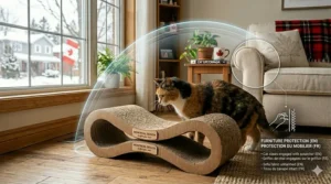 Helpful diagram showing how a cardboard cat scratcher protects expensive home furniture from cat claws.