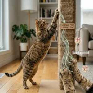 A vertical scratching post placed strategically next to a fabric sofa to redirect a cat's scratching preference away from furniture.