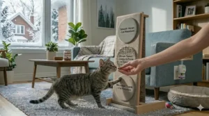 Illustration of a pet owner giving a treat to a cat for using a scratcher, a key step to stop cat scratching furniture.