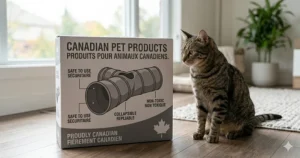 Illustration of a cat tunnel package featuring English and French safety labels for the Canadian market.