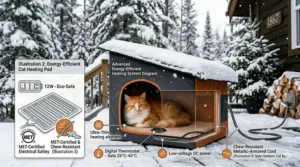 A close-up illustration of a safe outdoor heated cat bed featuring a MET-certified chew-resistant metallic armored cord.
