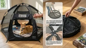 Illustration showing a secure collapsible cat tunnel protecting a pet from urban Canadian wildlife like hawks or raccoons.