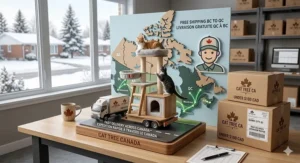 A diagram showing the anti-toppling base of an affordable cat tree, ensuring safety for active Canadian house cats.