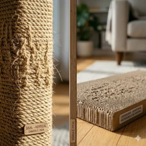 Close-up comparison of sisal rope and tight-loop carpet textures used for horizontal vs vertical scratching surfaces.