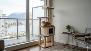 Minimalist cat tree apartment size designed for small urban living spaces in Canada.