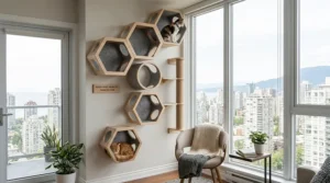 A compact modular cat wall system maximizing vertical space in a Vancouver high-rise condo. The installation is built upwards next to a window overlooking a dense cityscape and mountains. A calico cat is perched high, and an orange tabby rests in a lower tube. A wooden plaque reads "HIGH-RISE HABITAT - VANCOUVER."