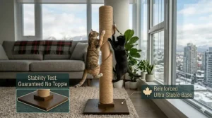 Illustration of two cats safely playing on a wobble-free tall scratching post with a wide, heavy base.