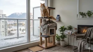 High-stability cat tree apartment size designed to support larger breeds like Maine Coons in small homes.