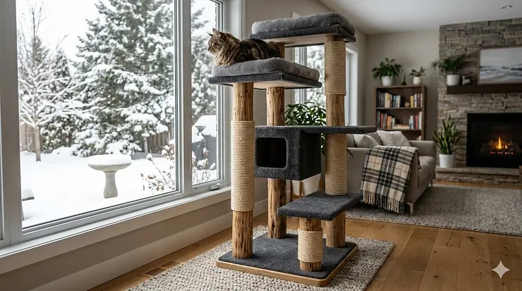 A heavy-duty cat tree for large cats in a modern Canadian living room with a snowy window view. cat trees for large cats