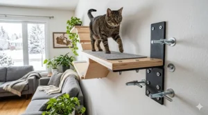 Close-up illustration showing secure wall mounting hardware for a heavy-duty cat wall walkway system.