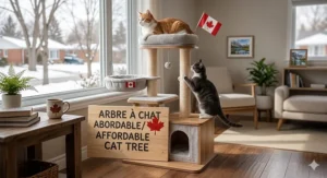 Illustration of eco-friendly sisal scratching posts on a cat tree priced under $100 for environmentally conscious Canadian pet owners.