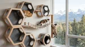 A photorealistic, high-detail image of an expanded modular cat wall system. The structure is built using light maple wood and recycled charcoal grey felt lining, showcasing sustainable materials. The scene is illuminated by natural light from a window overlooking a forest, featuring diverse cats exploring the multi-level environment.