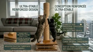 Graphic showing how a tall scratching post saves Canadian home furniture from cat claw damage.