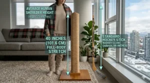 Illustration comparing the height of a 38-inch tall scratching post to a standard hockey stick to demonstrate full-body stretch for cats.