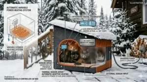 A diagram of a thermostatically controlled outdoor cat bed with an LCD status display showing temperature adjustments for winter.